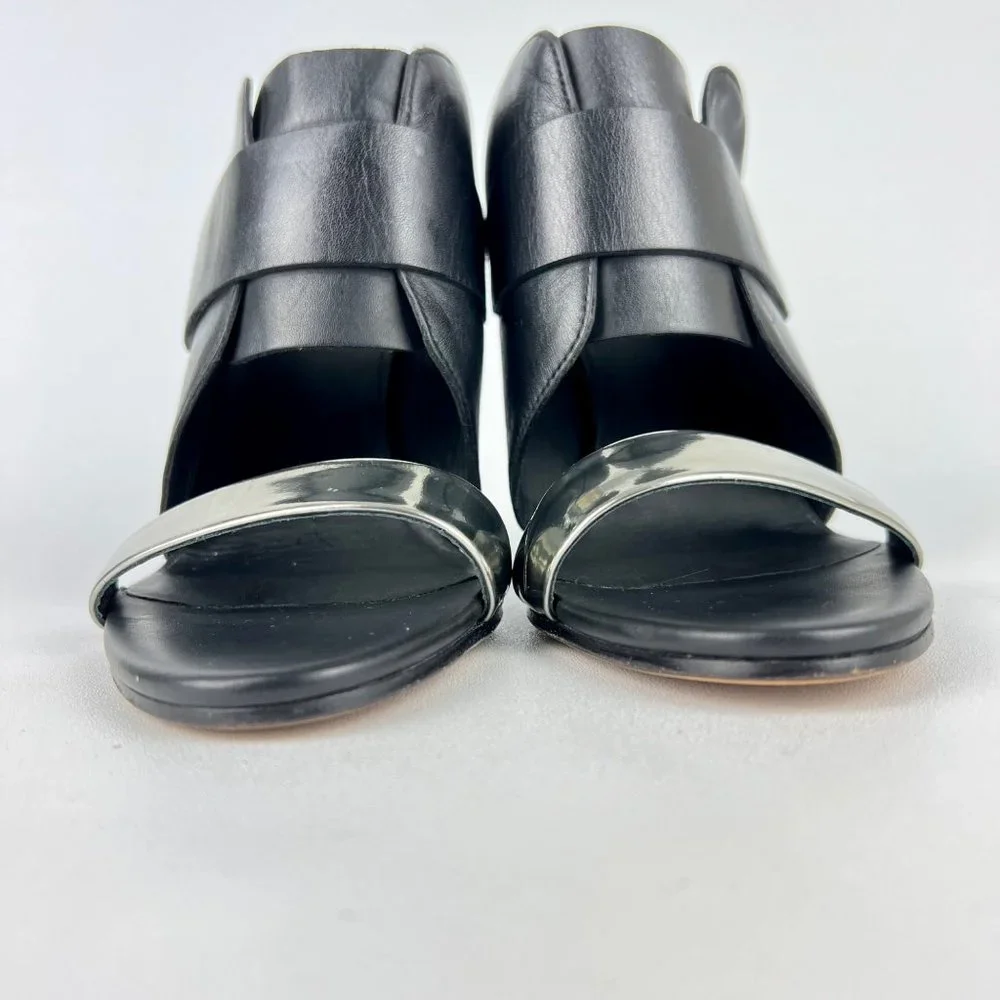 Vince Karima Wedge Mule Slide Sandals Black Leather Silver Detail size 8.5